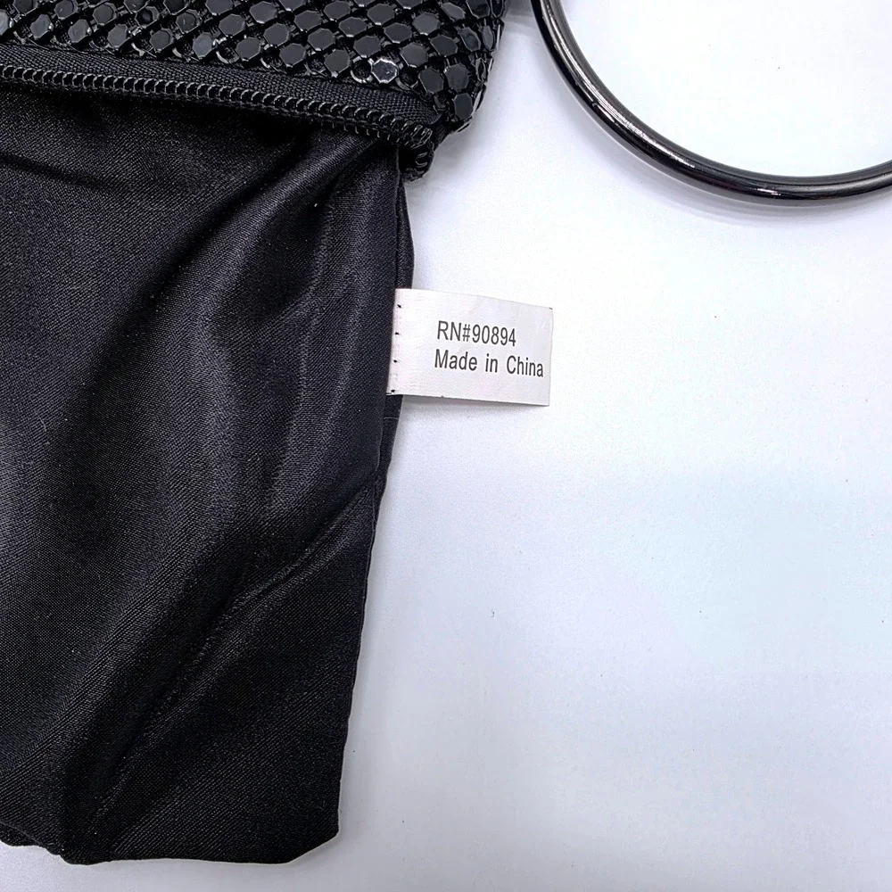 Black Metal Mesh Ring Handle Wristlet Clutch Evening Bag Zipper Closure